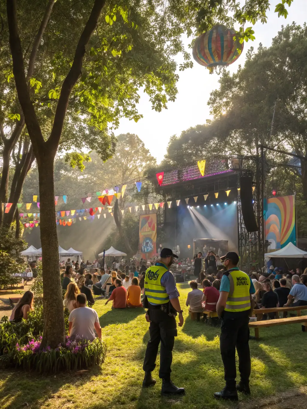 An outdoor festival scene with live performances on a decorated stage, colorful banners, and a lively crowd enjoying the festivities.
