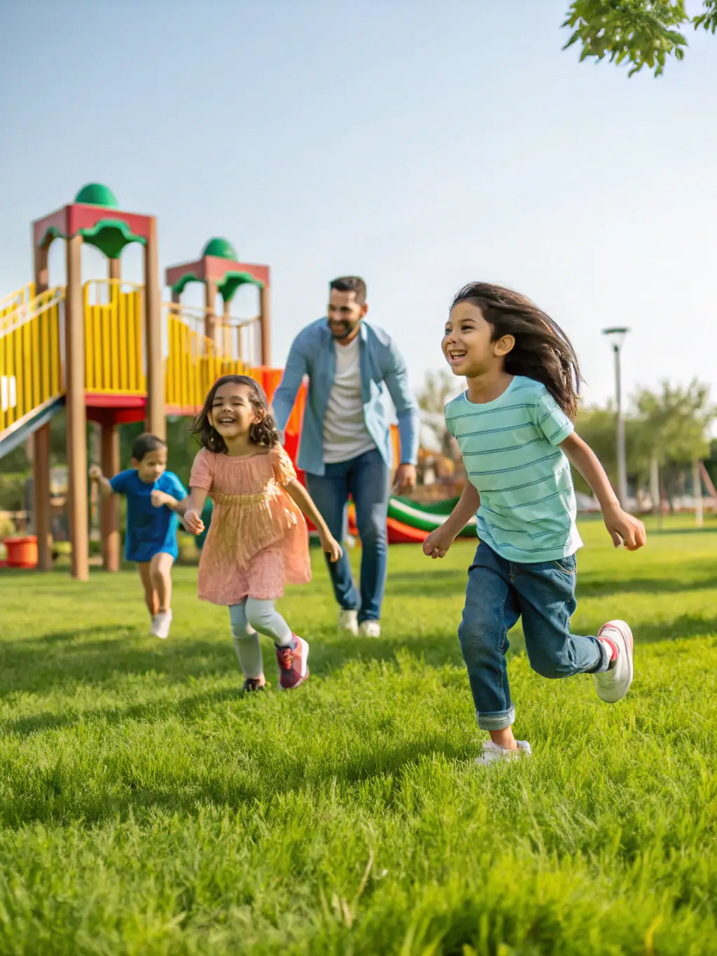 An outdoor park setting with families and children sculpting clay, painting, and photographing nature during a sunny afternoon workshop.
