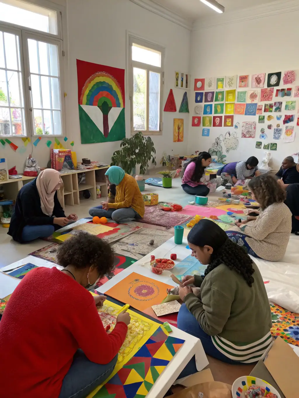 A vibrant image of participants engaged in a painting workshop, with colorful art supplies, easels, and smiling faces, set in a bright community center.